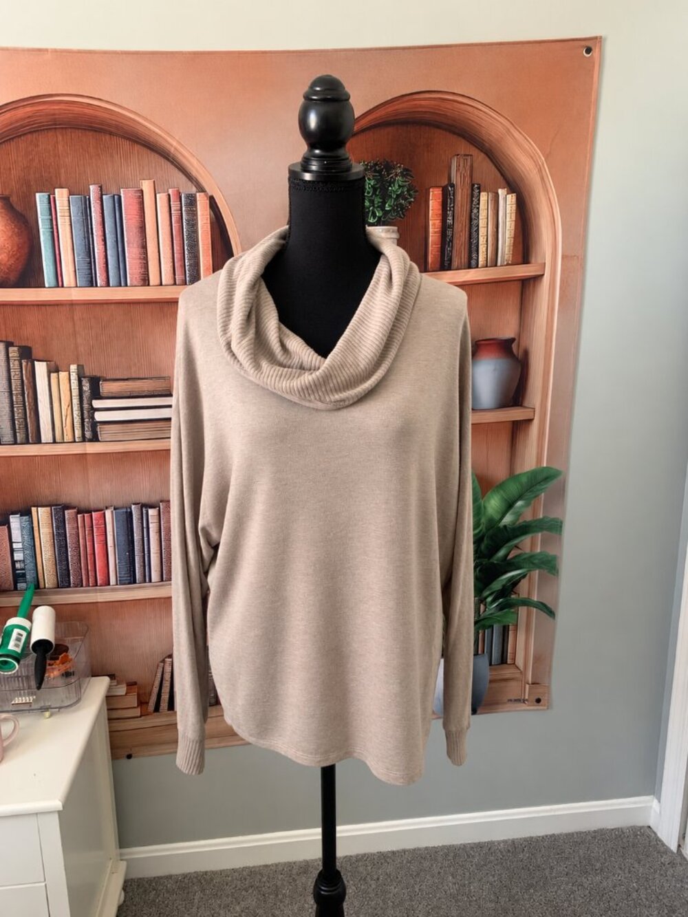 Oatmeal Colored Cowl Collar Bat-Wing Top